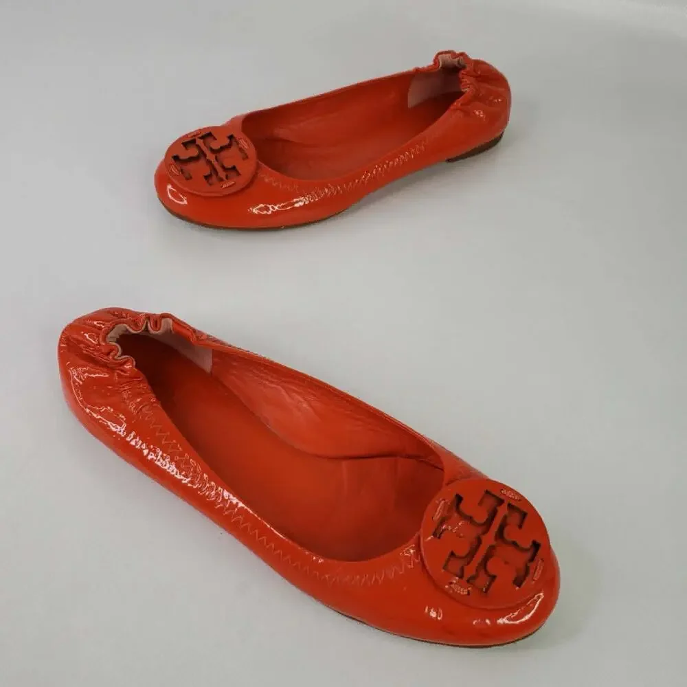 Tory Burch Reva Patent Leather Logo Ballet Flats Orange Ref Women’s Size 8.5